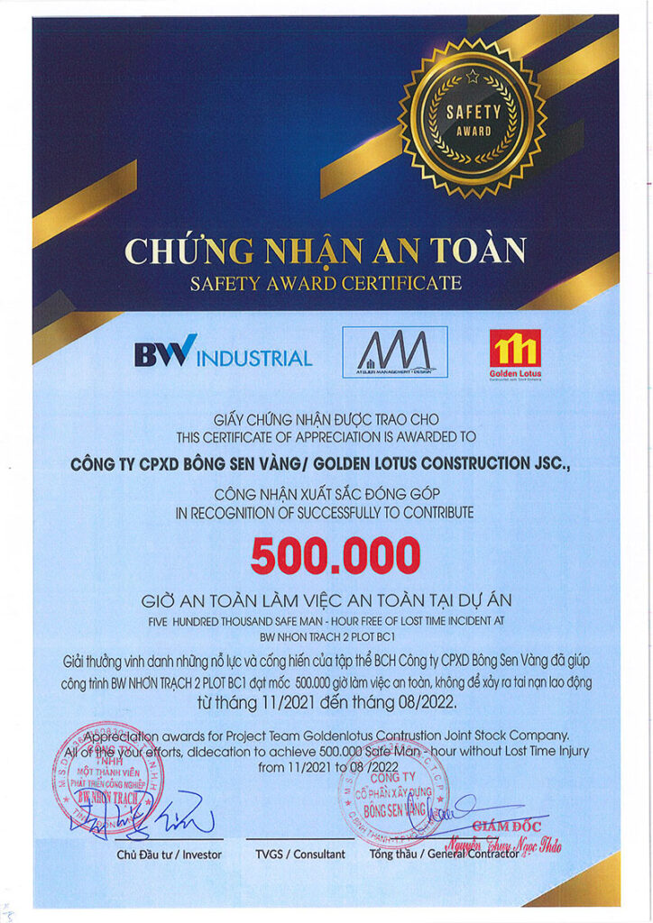 BW trao giấy chứng nhận an toàn 2 dự án BW Dầu Giây & Nhơn Trạch