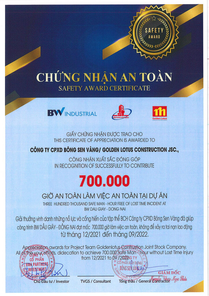 BW trao giấy chứng nhận an toàn 2 dự án BW Dầu Giây & Nhơn Trạch